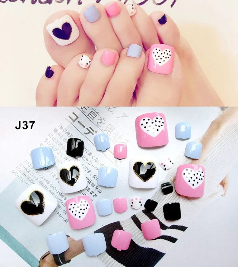 24 Pcs/Set Fresh Style Toe Fake Nails 3D Foot Full Toes Nail Art Tips False Nails  for Lady Girls Toenails Press on Nail-Nail Inspo