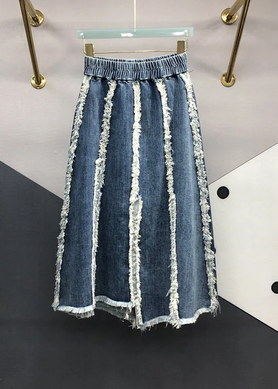 Italian Blue Tasseled Elastic Waist Patchwork Denim Skirts Fall