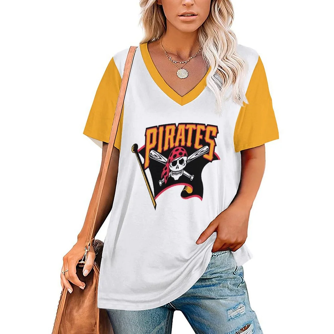 V-neck Short Sleeve Casual T-shirt for  Women Printed with Pattern,Yellow,White,Black