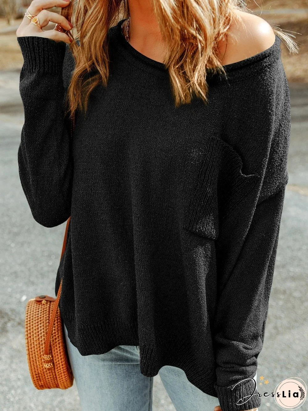 Black Rib-Knit Off-Shoulder Sweater with Pocket