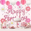 Birthday Decorations, NO DIY, Pre-Strung Happy Birthday Banner with Honeycomb Balls, Hanging Swirls, Circle Dots Garland, Happy Birthday Party Decorations for Women Men Boys Girls (Pink)