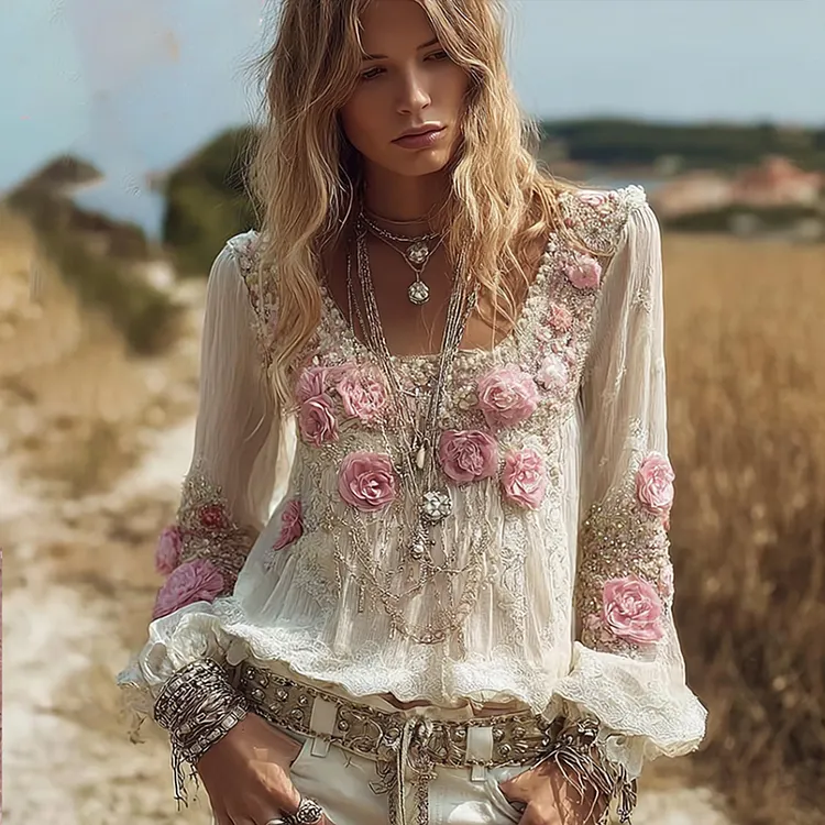 Women's Flower Romantic Pink Vintage Long-sleeved Top