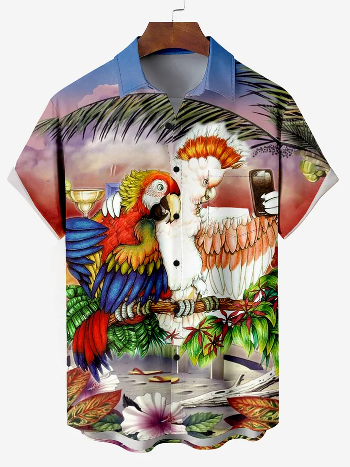 Parrot Cocktail Friends Beach Vacation Short Sleeve Shirt PLUSCLOTHESMAN