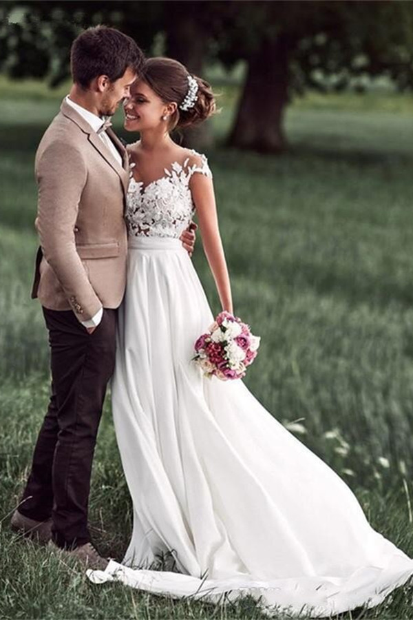 Elegant Cal Sleeve Lace Wedding Dress Chiffon Summer Beach Bridal Gowns - lulusllly