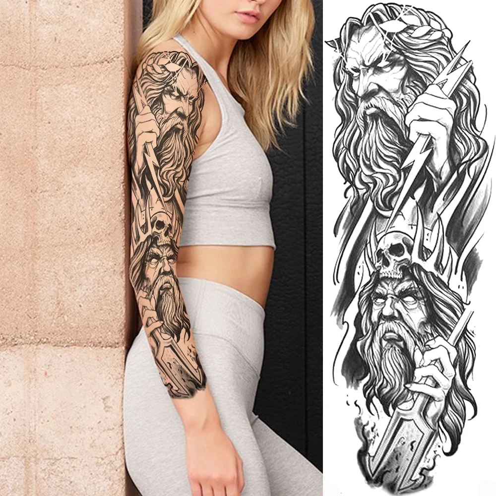 Sdrawing Totem Tattoo Arm Sleeve For Men Women Adult Realistic Fake Skeleton King Temporary Tattoo Evil Eye Demon Death Skull Tatoo