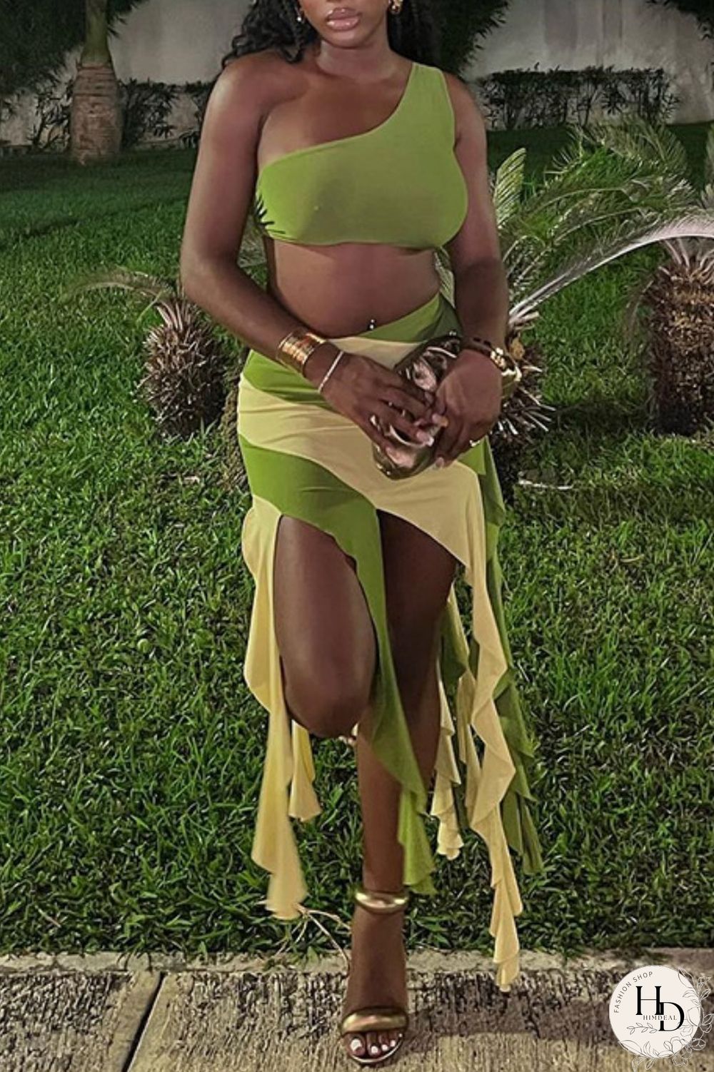 Rose Red Sexy Patchwork Tassel Bandage Backless Contrast Oblique Collar Sleeveless Two Pieces