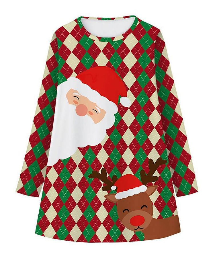 Mayoulove Red Green Grid Santa Claus Print Girls Long Sleeve Christmas Dress-Mayoulove