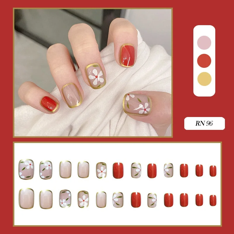 24pcs/box fake short nails with glue round head Finished Nails Manicure Patches Strawberry Patches press on nails with designs-Nail Inspo