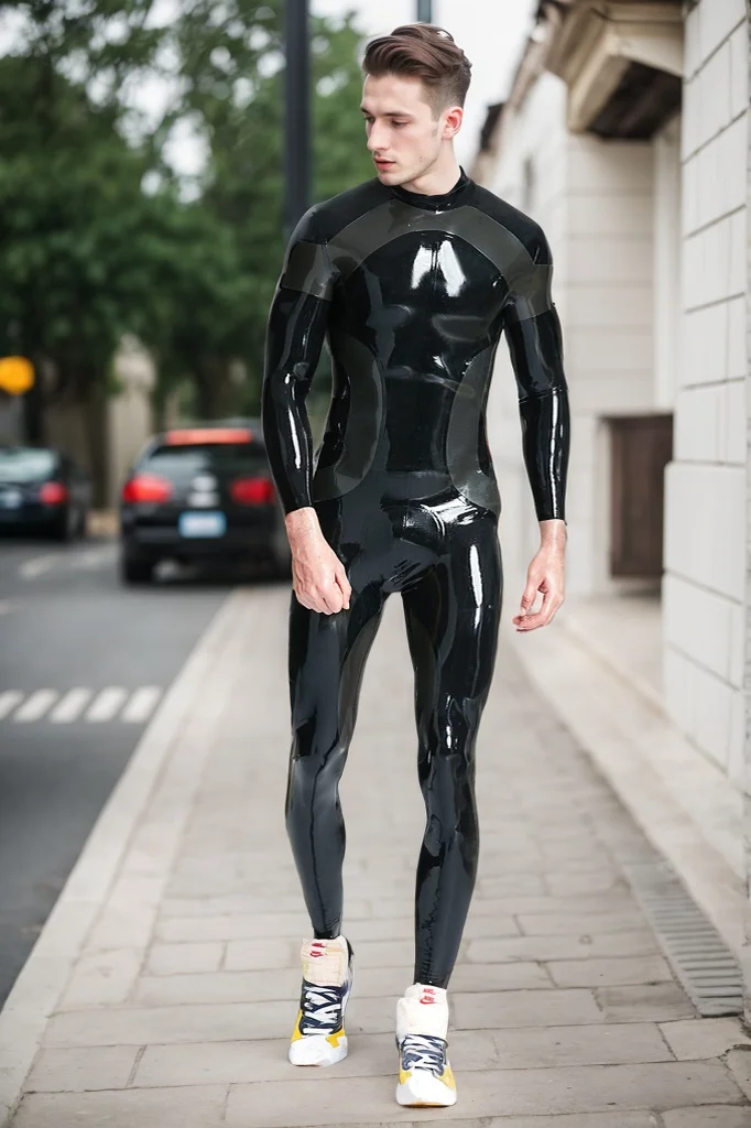 Men Latex Catsuits Male Tronation Catsuit Black Creative Pattern  'Double O' Classic