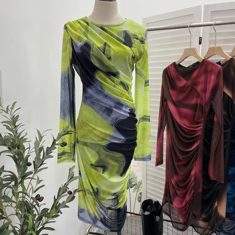 Brownm Vintage Tie-Dye Printing Irregular Folded Mesh Yarn Body-Body-Sleeve Dress 9901
