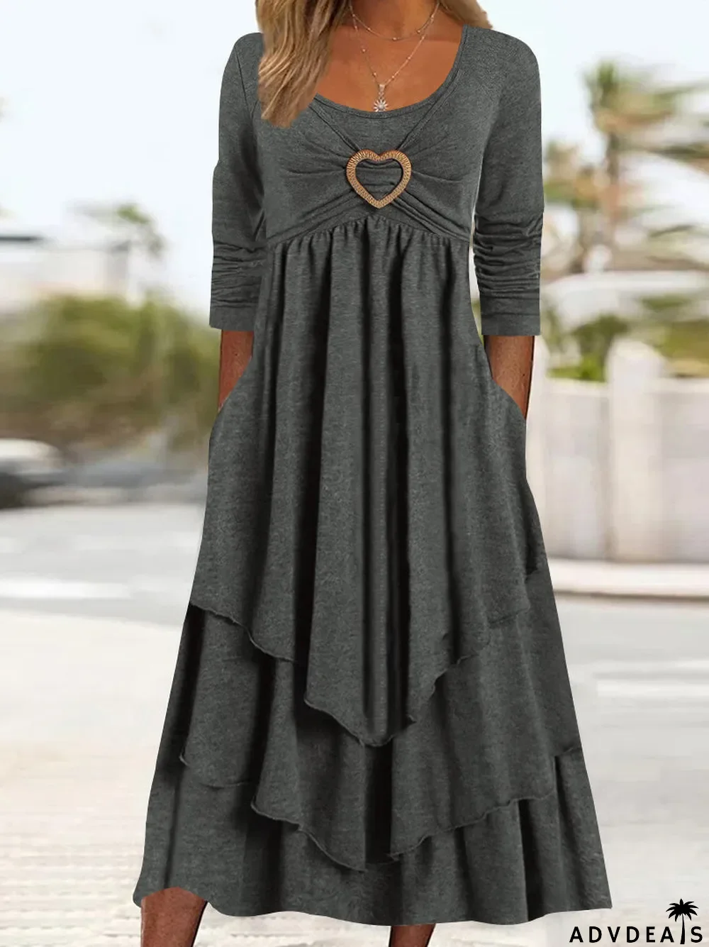 Women's Plain Regular Fit Crew Neck Pockets Casual Midi Dress