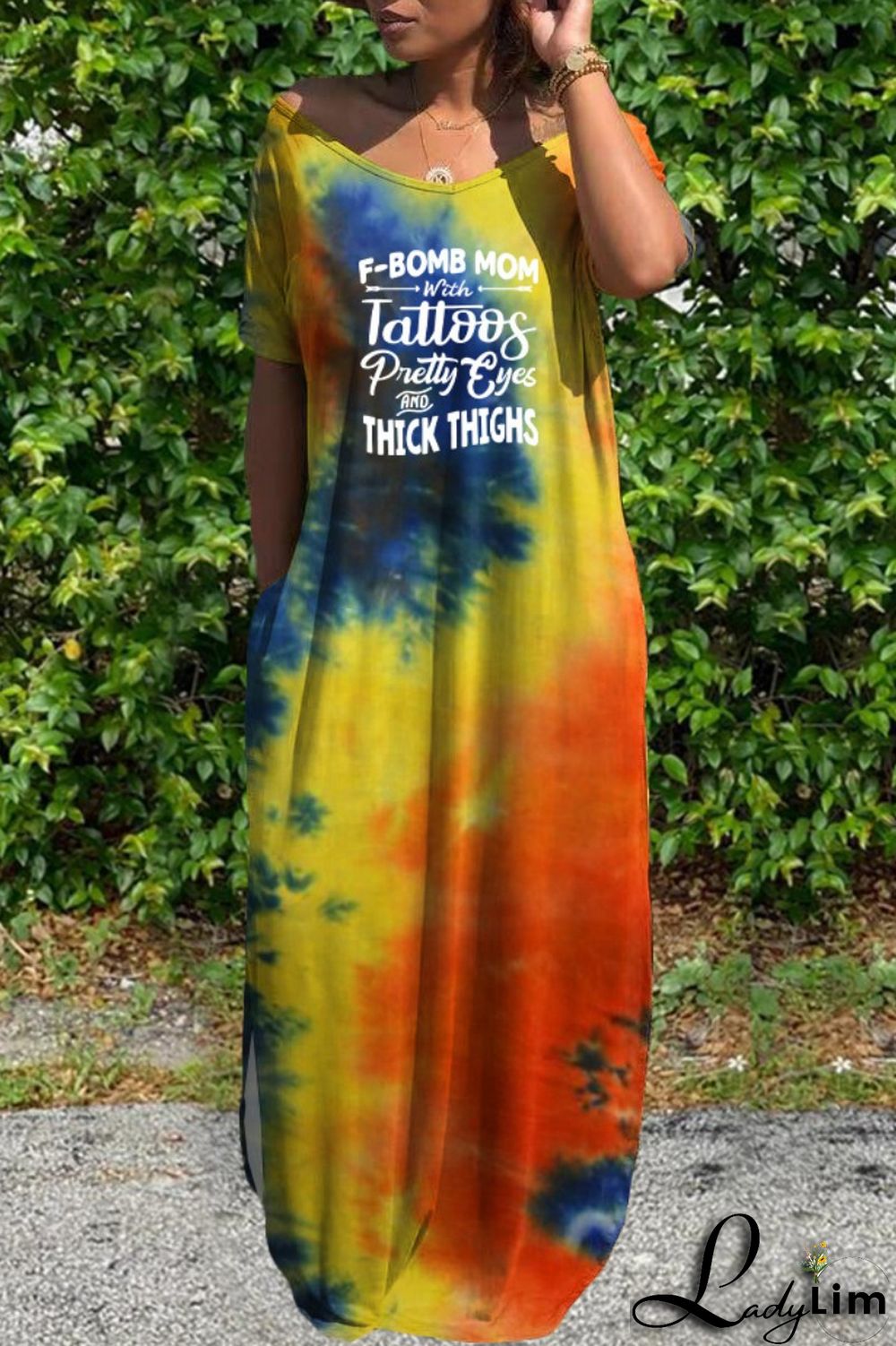 Pink Casual Letter Print Tie-dye V Neck Short Sleeve Dress Dresses