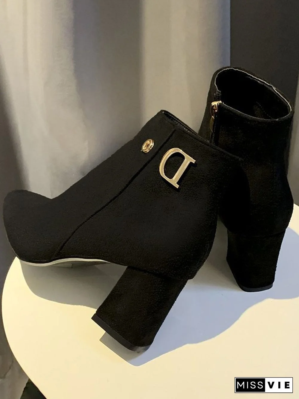 Side Zip Faux Suede Pointed Toe Chunky Heel Booties