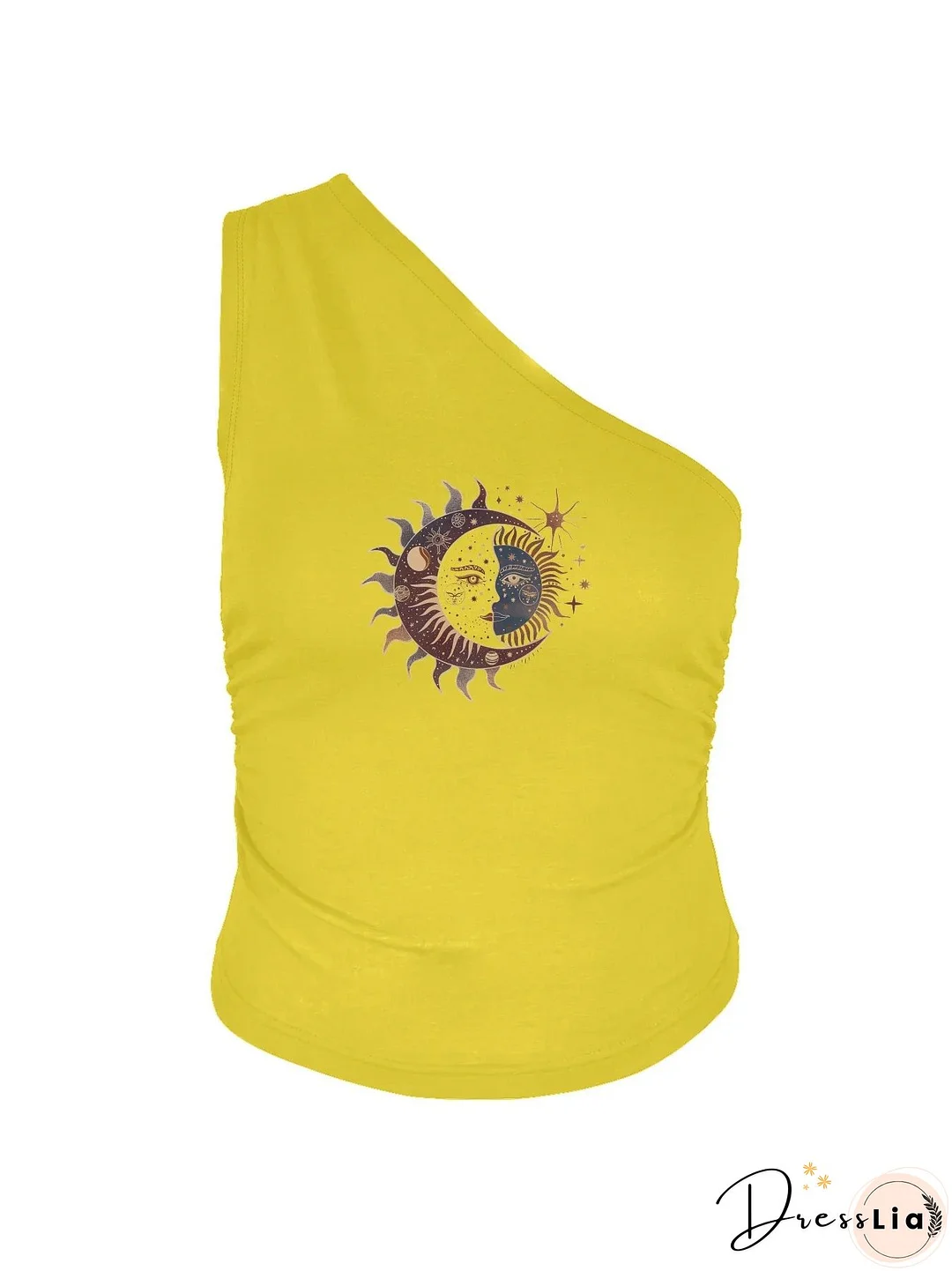 Stunning Sun And Moon Graphic Print Crop One Shoulder Tank Top Sleeveless Casual Top For Summer & Spring Women's Clothing