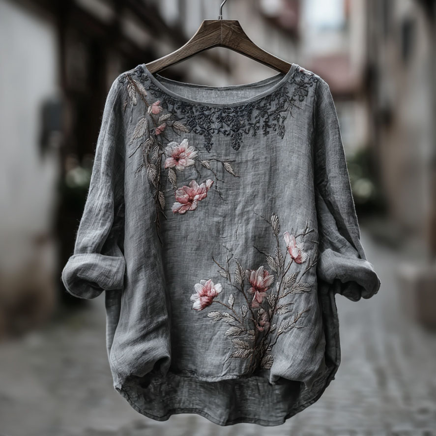 Women's Retro Floral Pattern Linen Blend Long-sleeve T-shirt elevenforest