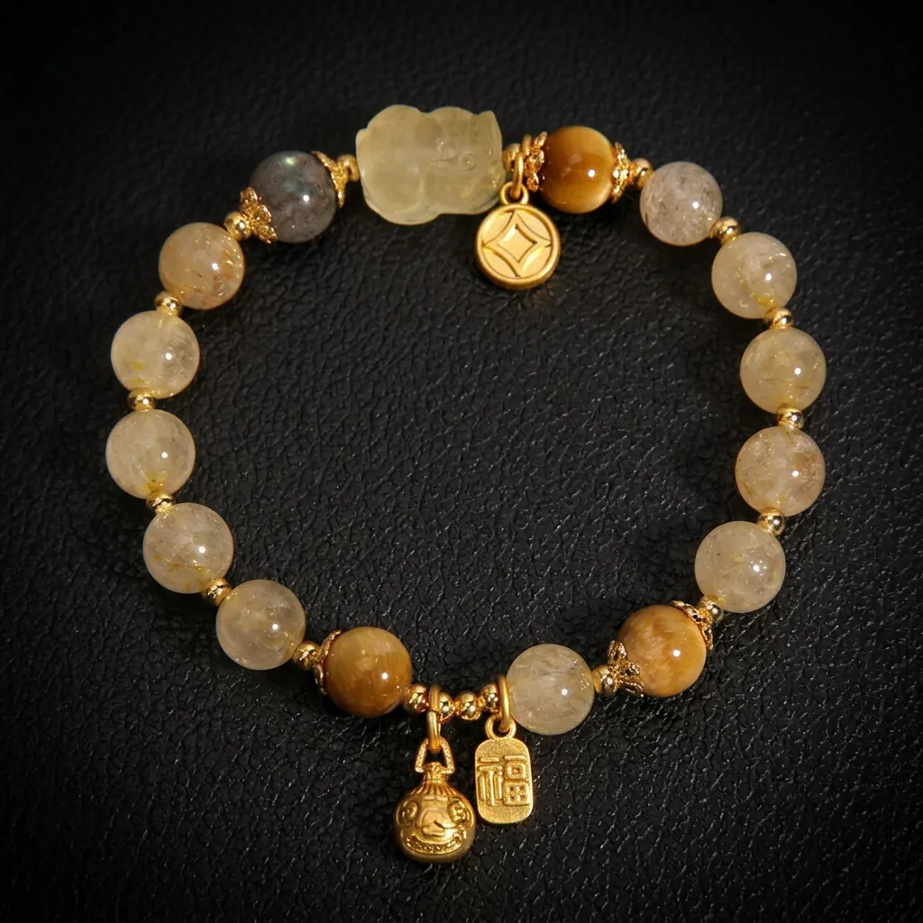 JiStones Aura of Abundance: Natural Golden Rutilated Quartz & Tiger Eye Crystal Bracelet 8mm Radiant Quartz & Guardian Charms
