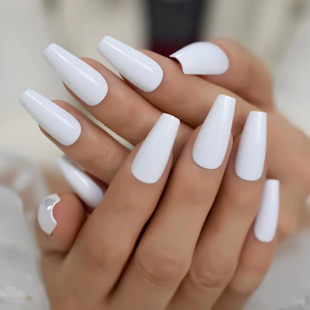 EchiQ Glossy Coffin Fake Nails Pink Long Size Thick Faux Ongles Ballerina Press On Nails Reuseable Square Manicure Tips 24-Nail Inspo