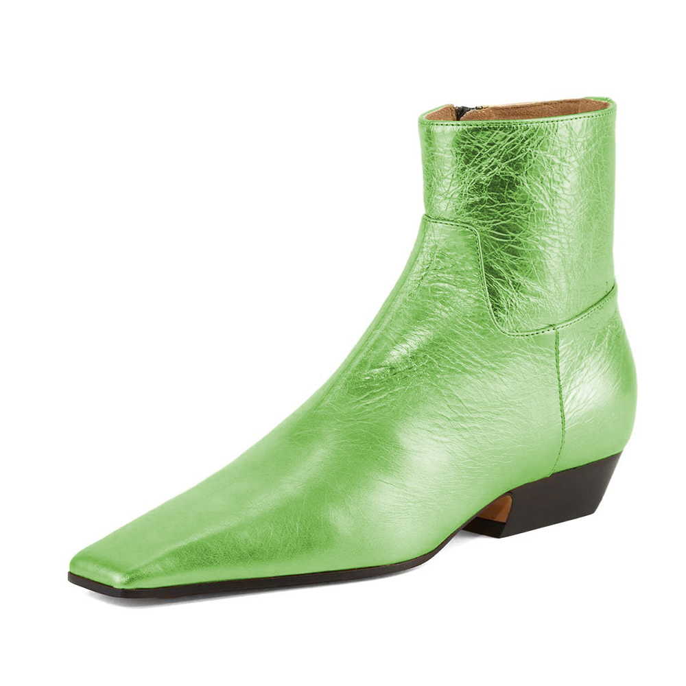 Green Vegan Leather Chunky Heeled Ankle Boots with Square Toe Nicepairs