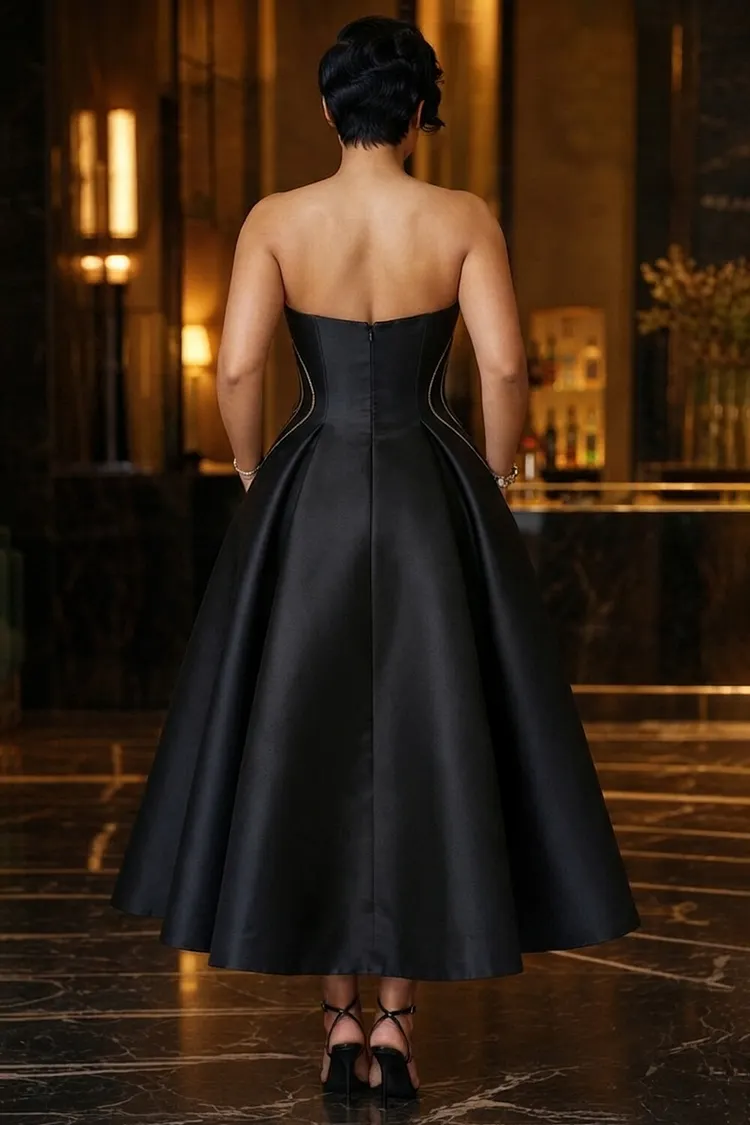 black bouffant dress Loragal Strapless Ginkgo Leaf Print Hem Party Midi Dresses Waist:W-32