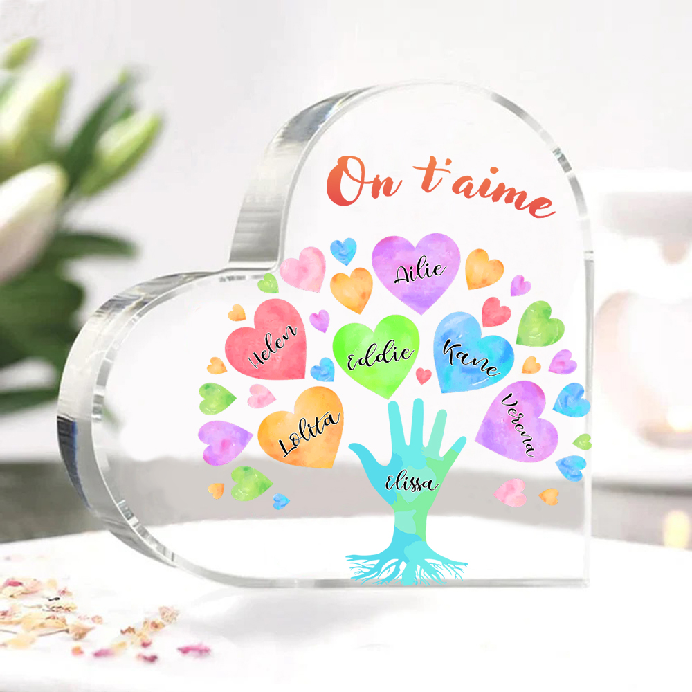 Plaque Acrylique en Forme de Cœur 7 Prénoms Personnalisés avec Texte pour Famille