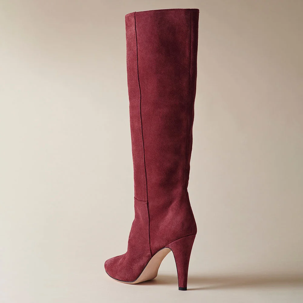 Burgundy Vegan Suede Round Toe Chunky Heel Knee High Boots