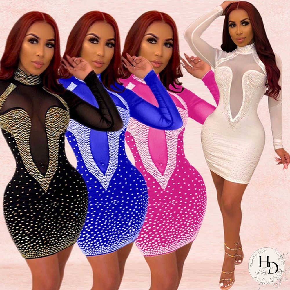 Women Sexy Night Club Dresses Bodycon Party Dress Bling Bling Rhinestone Zipper Sheer Long Sleeve Mini Dress White Black Blue Pink