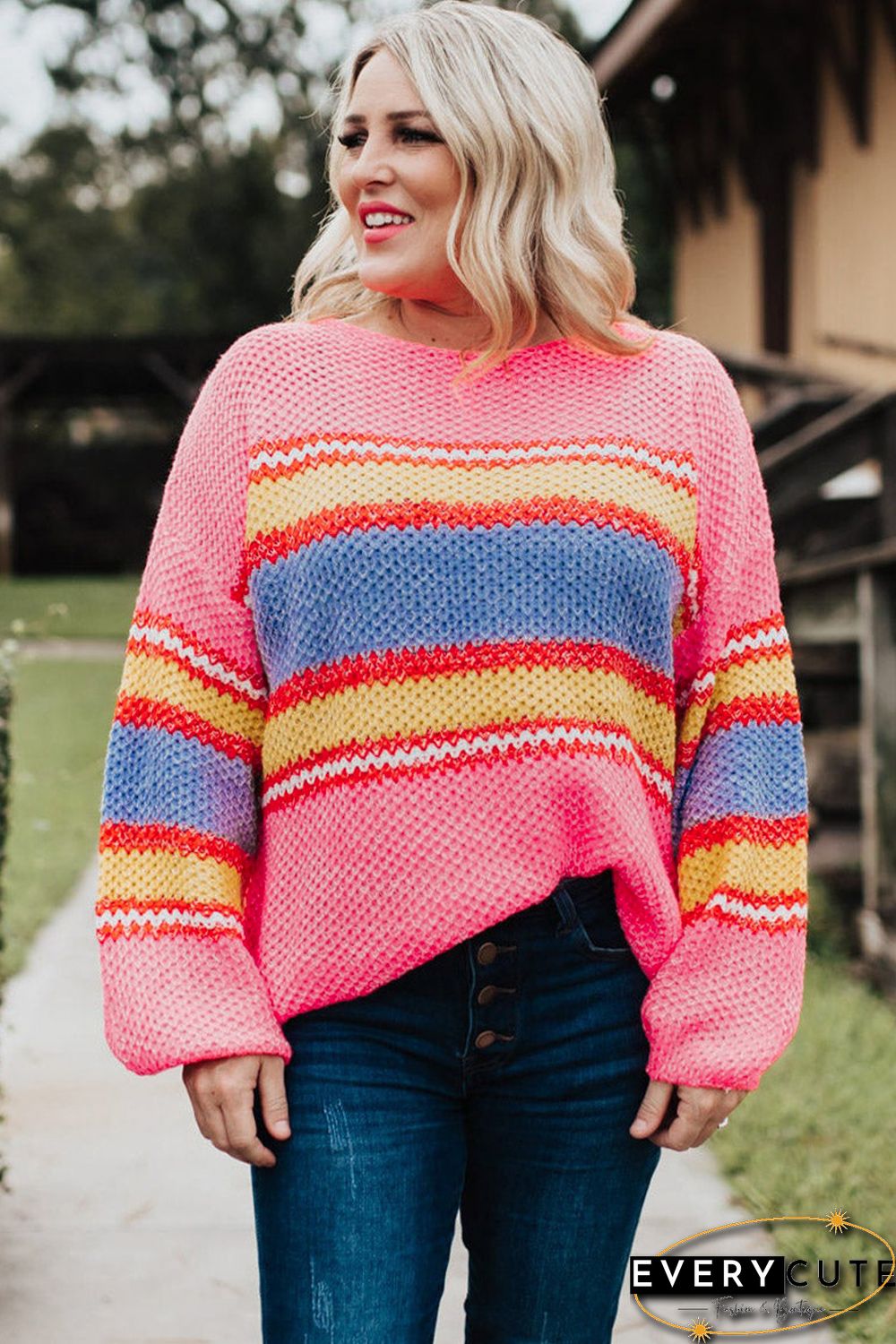 Pink Plus Size Stripe Oversized Sweater