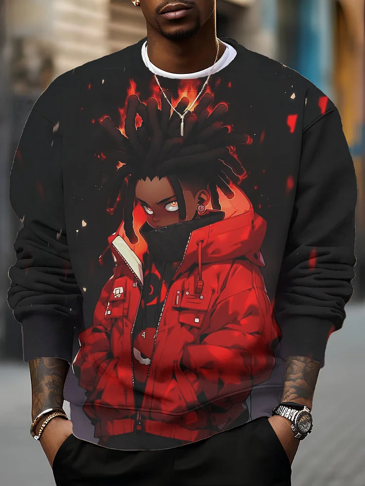 Men's Cartoon Black Boy Print Casual Sweatshirt