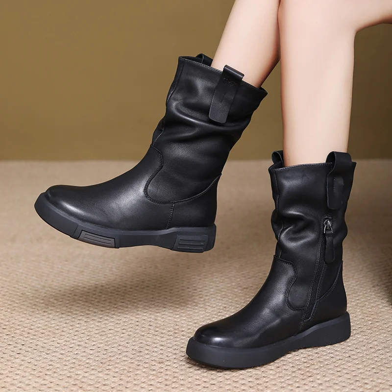 Yyvonne Layer Kraft Mid-Sleet Boots Women Autumn And Winter New Flat Bottom Comfortable Side Zipper Martin Boots Retro Style Horse Boots