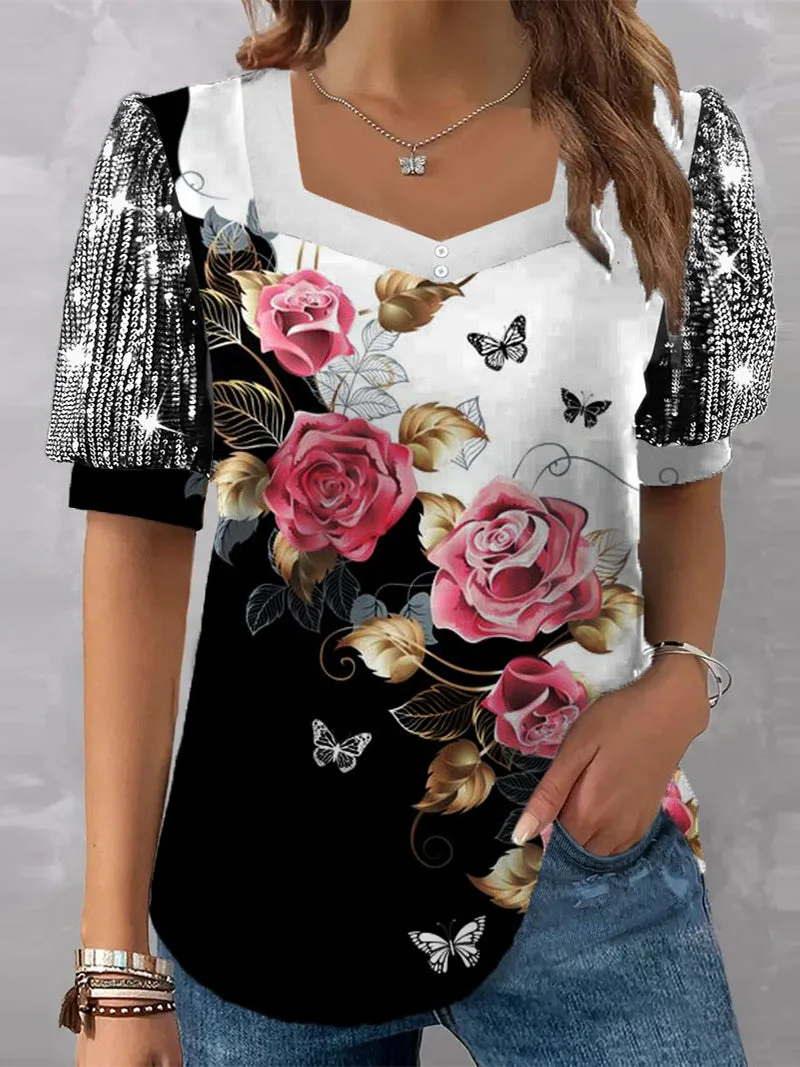 Women's Short Sleeve V-neck Floral Printed Sequins Stitching Top