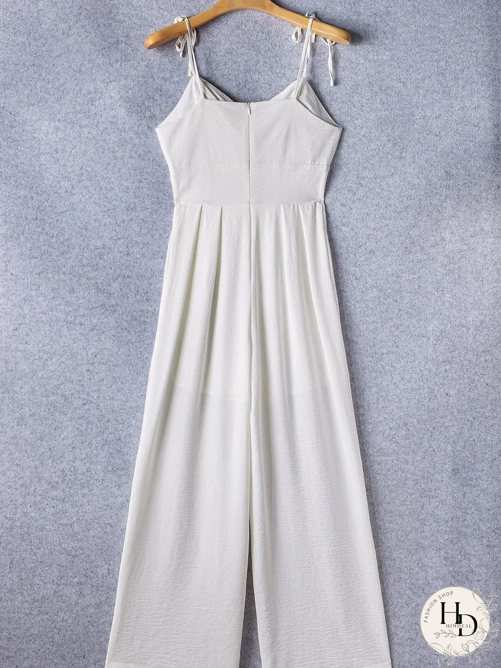 Elegant Beige Pleated Wide Leg Jumpsuit with Spaghetti Straps