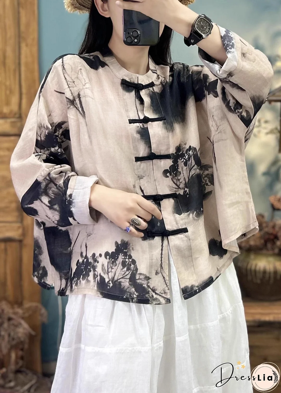 Loose Khaki Print Button Linen Coats Long Sleeve