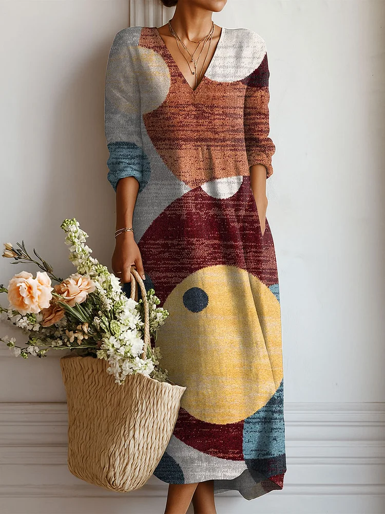 Women's Vintage Pattern Art Print Linen Pocket Dress