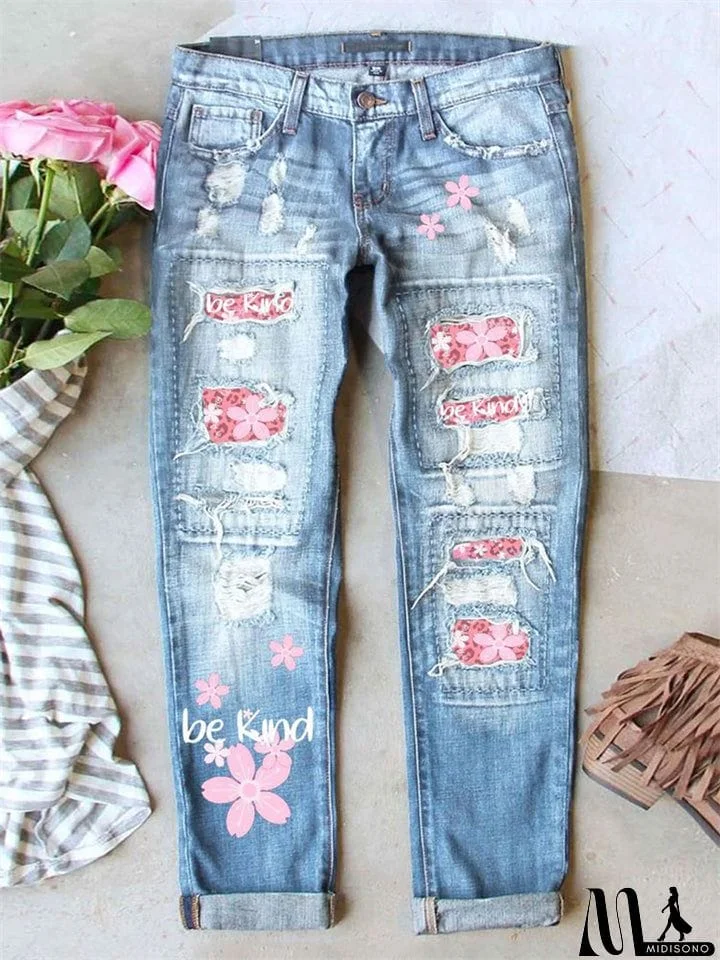 Women's Lovely Pink Flower Street Blue Denim Pants