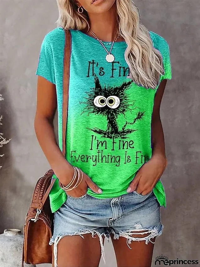 Women's T shirt Tee Yellow Blue Orange Cat Letter Print Short Sleeve Daily Weekend Basic Round Neck Regular Cat Painting S