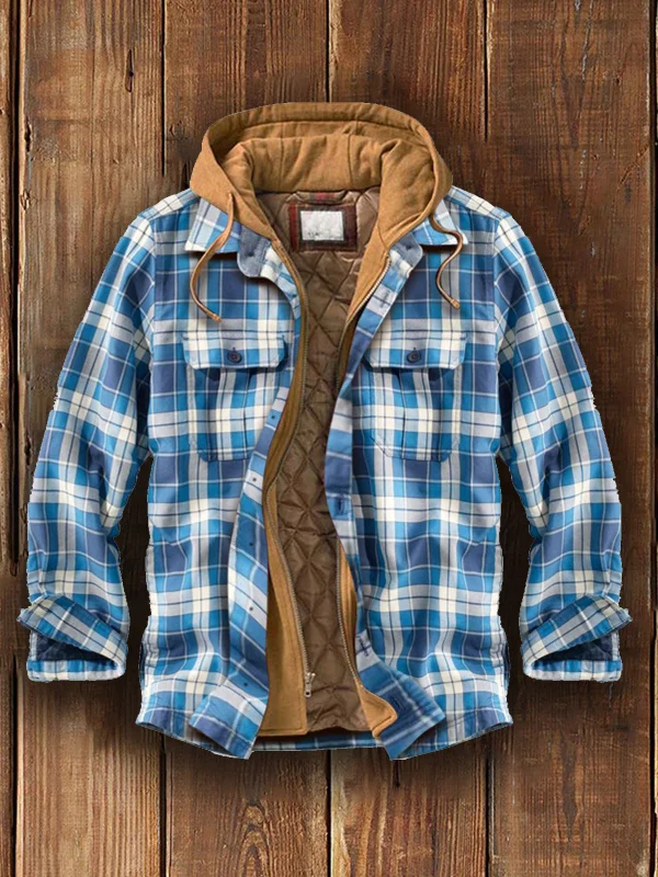 Men's Autumn and Winter Plaid Long Sleeve Loose Hooded Jacket