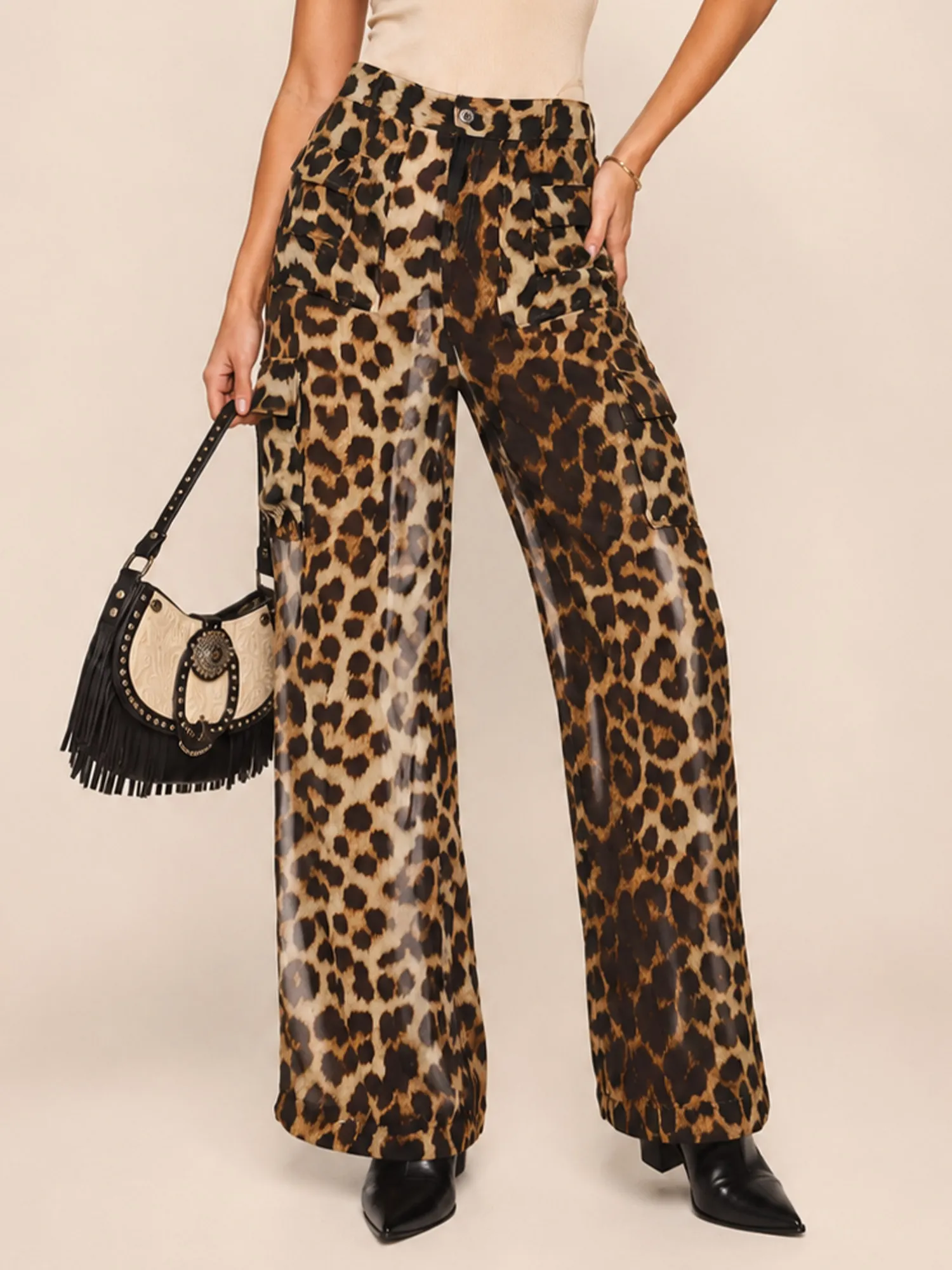 Western Outfits &mdash; Caramel Leopard High-Waisted Multi-Pocket Chiffon Cargo Pants