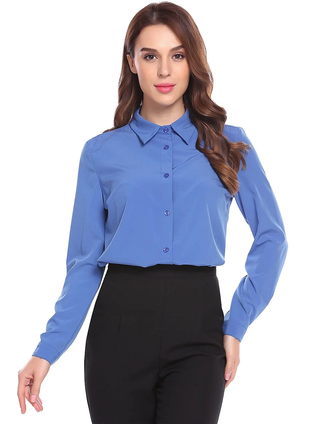 Womens Long Sleeve Office Work Cotton Blouse Button Down Shirts Tops