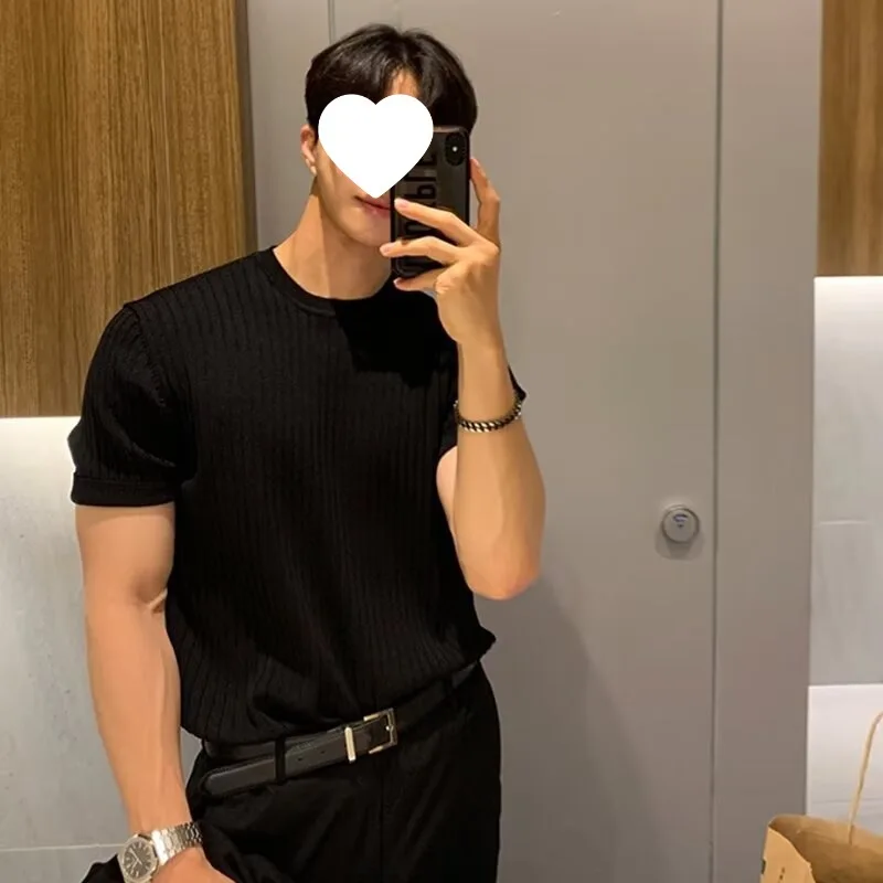 Men's Summer New Style Short Sleeve Business Casual Knit T-shirt Round Neck Slimming Smooths Your Silhouette Elegant Sleeve Top