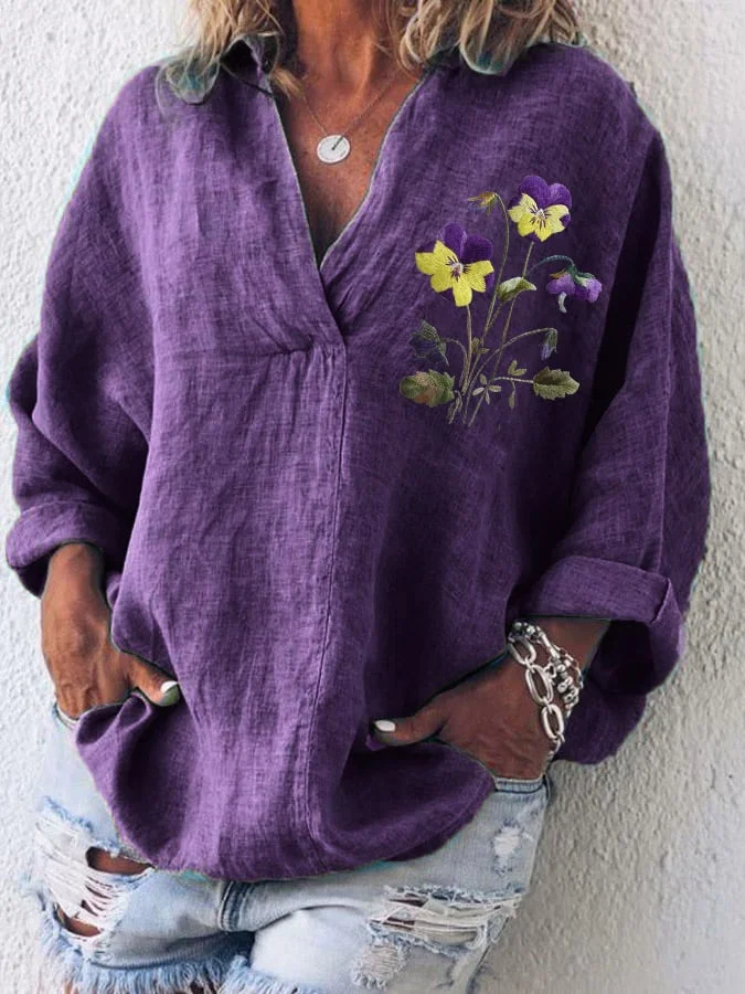Women's Purple Pansy Floral Print Blouse