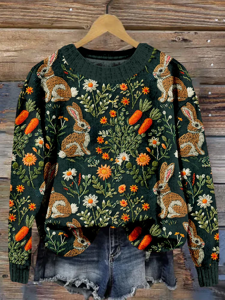 VChics Easter Bunnies and Carrots Embroidery Cozy Sweater