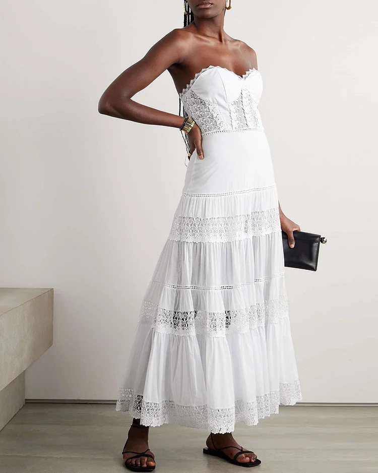  Strapless guipure lace-trimmed cotton-blend voile maxi dress