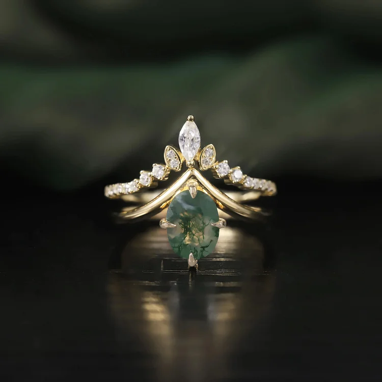 Olivenorma Moss Agate V Shape Engagement Ring Set