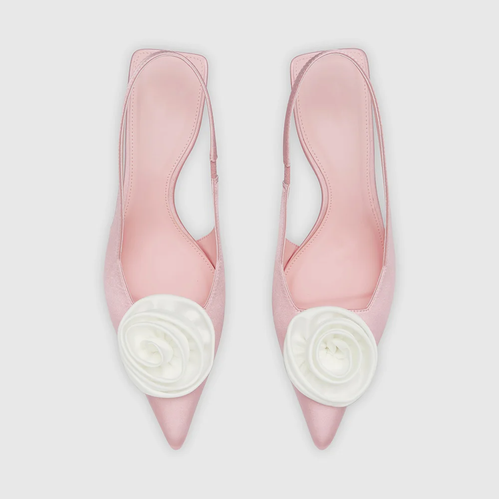 Light Pink Pointed Toe Rose Decor Stiletto Heel Slingback Pumps