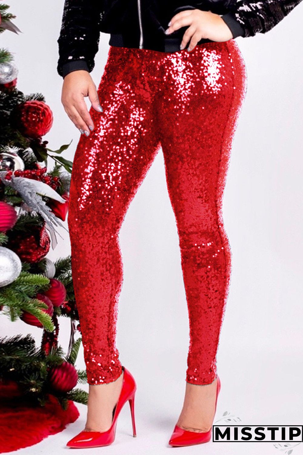 Red Fashion Party Solid Sequins Sequined Skinny Mid Bottoms