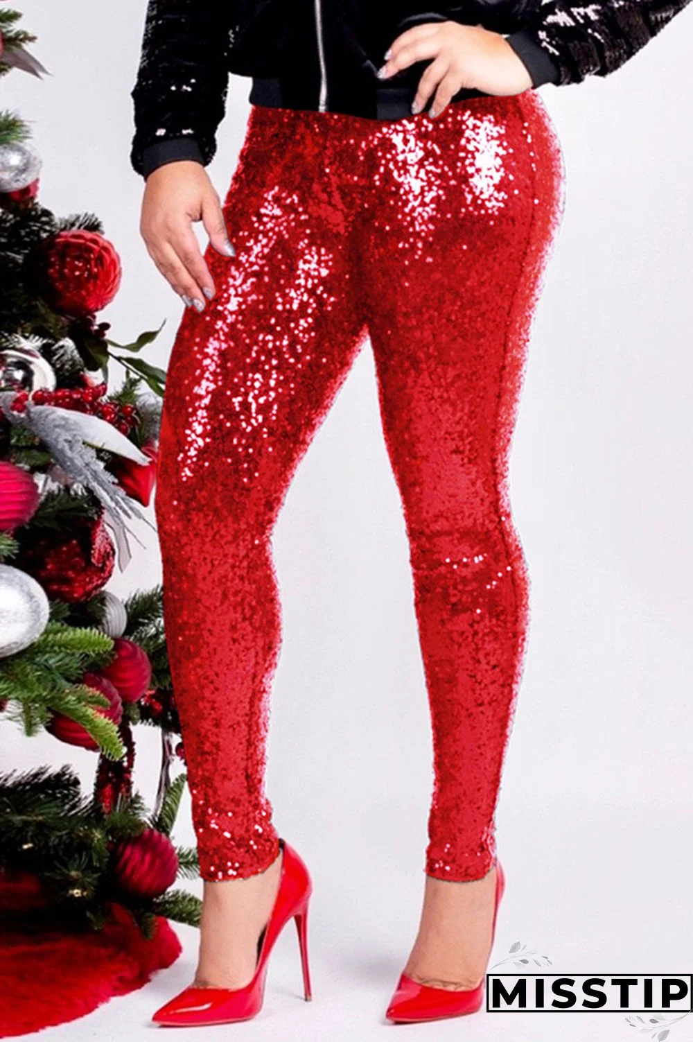 Red Fashion Party Solid Sequins Sequined Skinny Mid Bottoms