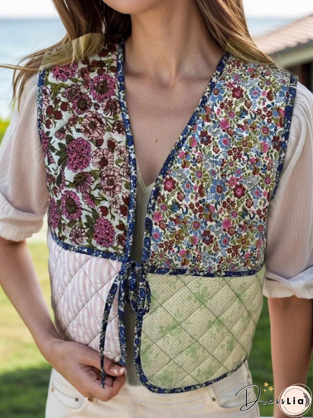Tied Patchwork V-Neck Vest Coat