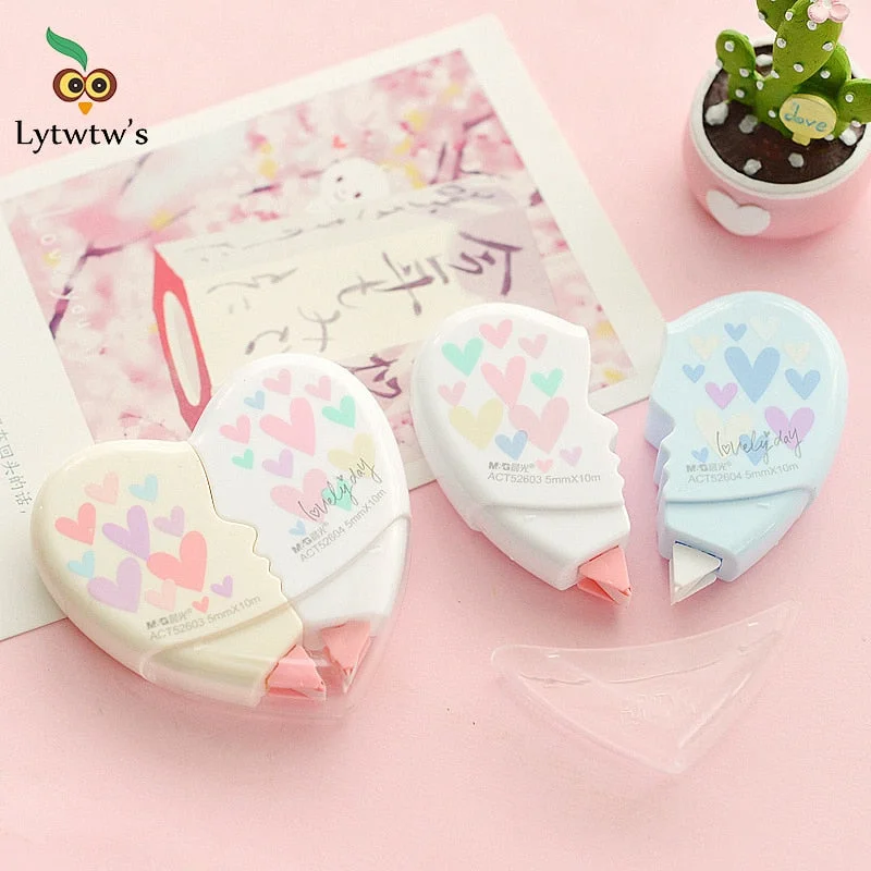 2 Piece Lytwtw's Cute Love Heart Correction Tape Aterial Escolar Kawaii Stationery Office School Supplies Papelaria 10M Length