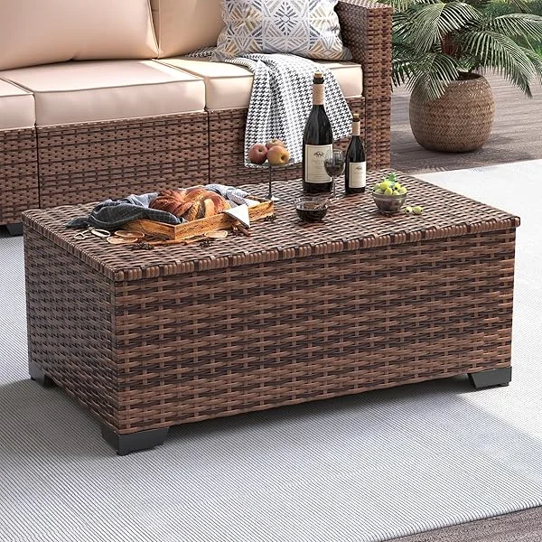 Outdoor Storage Table Patio Coffee Table All Weather Wicker Side Table with Waterproof Covers Rattan Furniture for Toys and Garden Tools