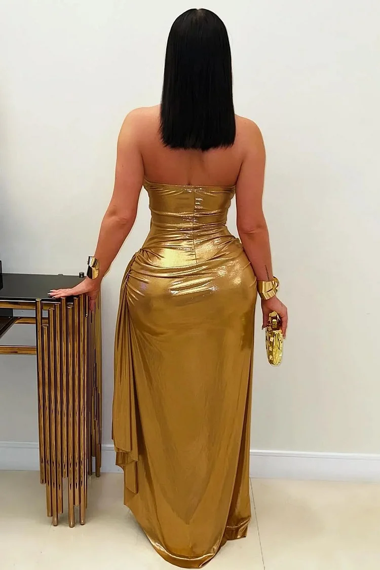 Halter V Neck Backless Gathered Metallic Party Maxi Dresses-Gold [Pre Order]
